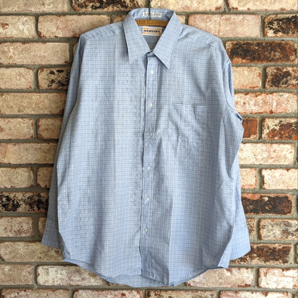 ◻️ Mervyn's Light Blue Plaid Collared Button Front Long Sleeve Shirt 32/33